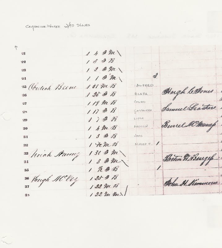 1860 Census Slave Schedule of Itawamba Co., MS listing owner Obediah Beene with our ancestors Calvin, age 19 and Eliza Beene, age 25 with her family. 