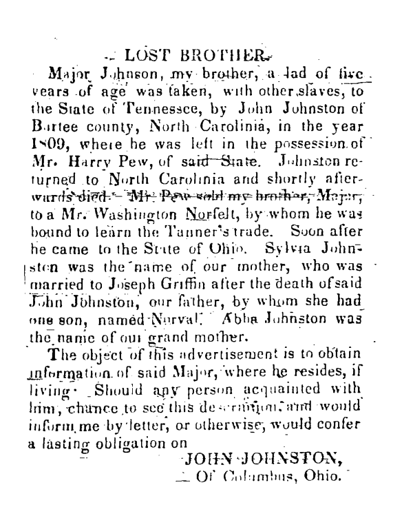 An 1844 Liberty(OH) newspaper ad placed by an African American seeking a lost family member. 